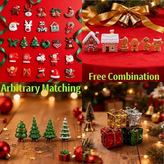 111PCS Mini Christmas Figurines Set, Hand-Painted Resin Miniatures for Crafts, Snow Globe Filler & Christmas Village Accessories, Santa Claus & Snowman Figurines, Trees, Stars, Gingerbread