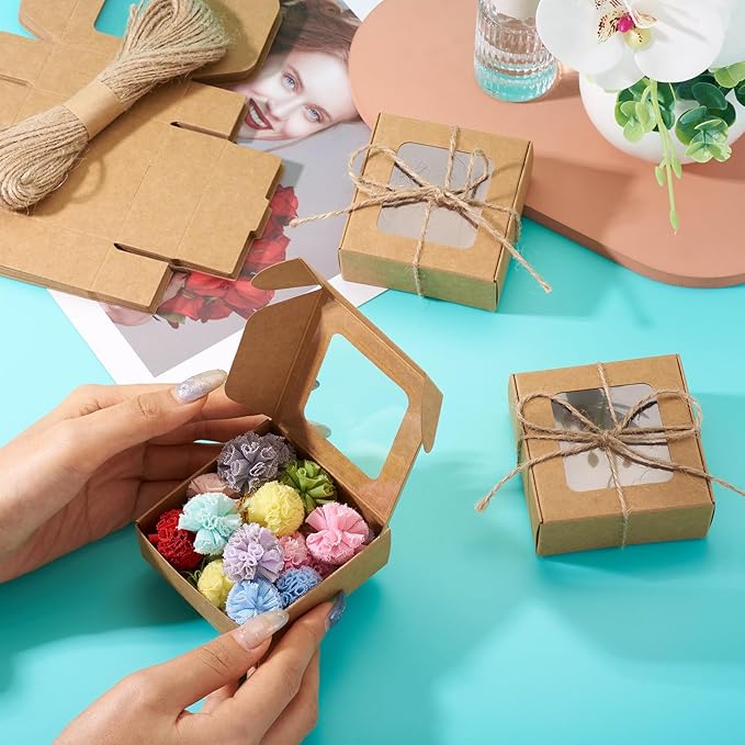 Craftdady 20pcs Small Square Brown Gift Boxes Party Favors Crafts Box with Jute String Folding Packing Boxes with Visible Window for Birthday Christmas Weddings 2.7"x2.58"x1.18"