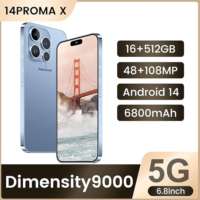 Huness 14PROMA X Smartphone Unlocked Cell Phone,Battery 6800mAh 6.82" HD Screen Unlocked Phones,16+512GB Android 14 with 128GB Memory Card,Dual SIM/Fingerprint Lock/Face ID/GPS (Blue, 16+512G)