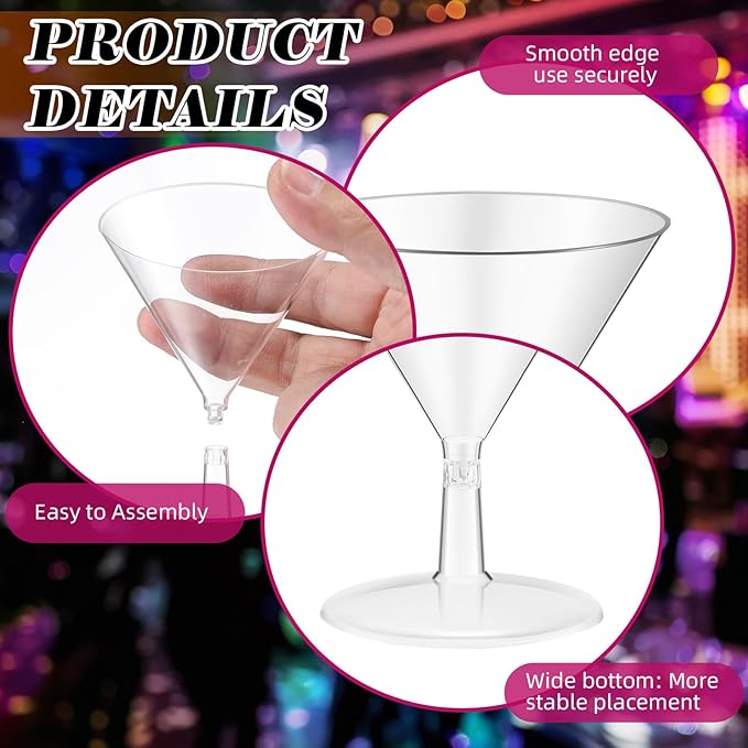 Yinkin 24 Pcs 2 oz Plastic Martini Glasses Disposable Clear Cocktail Dessert Parfait Glasses Unbreakable Mini Martini Cups for Wedding Party Bowl Wine Ice Cream (Stem)