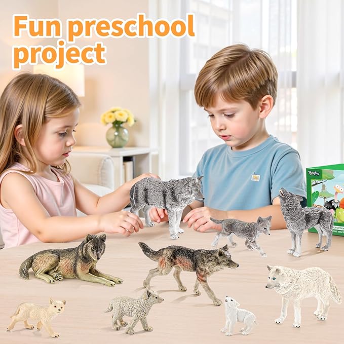 9PCS Wolf Toys Animal Figurines, Realistic Plastic Zoo Safari Animal Toys for Kids 3 4 5 6 7, Forest Wolf Animals Figures, Educational Toy Cake Toppers Birthday Gift for Kids Boys Girls