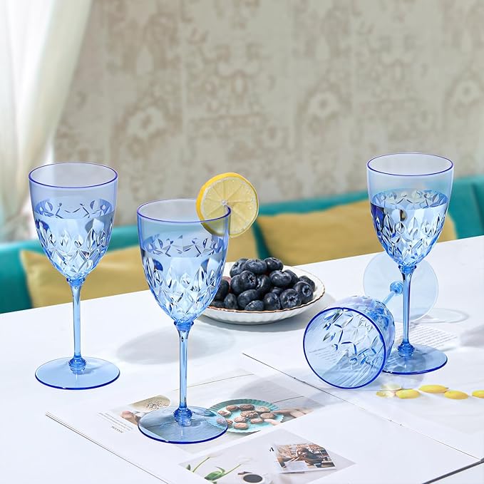 SKLENICE 48 pcs Plastic Blue Wine Glasses Bulk 7.4oz Detachable Small Wine Goblet Champagne Flutes Unbreakable Vintage Diamond Stemware Mimosa Drinking Glassware for Wedding Christmas Event Party