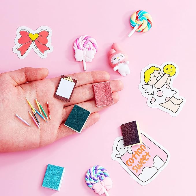 Sumind 4 Pieces Miniature Books with 8 Pcs Pencils and 2 Pcs Clipboards Mini House Decoration Accessories Coloring House Play Set for Miniature Room, DIY Crafting(Simple Style)