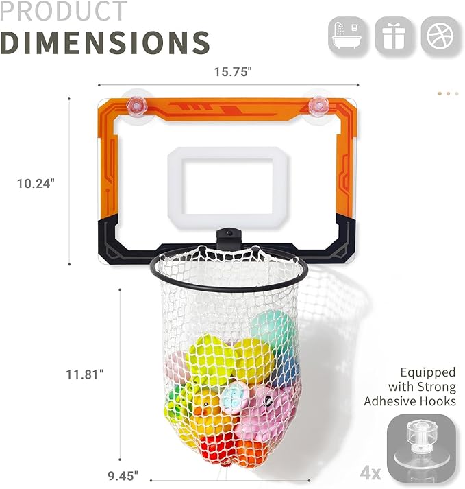 QPJ Baby Bath Toy Storage Organizer, Large Opening Mesh Bathtub Toy Storage for Tub, Bath Toy Holder for Quick Release of Toys for Bathroom, Basketball Hoop Design with Fun Bonus