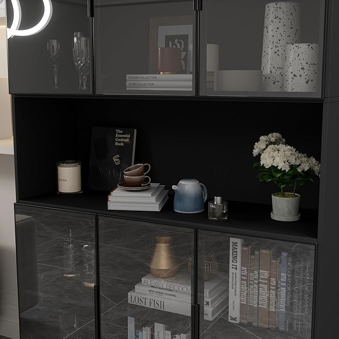 Display Cabinet with Hutch, Glass Doors and Lights, Wooden Storage Cabinet with 5-Tier Shelves, Can be Used as Bookcases, Kitchen Pantry Cabinets, Black (47.2 "W x 16.5 "D x 78.7 "H)