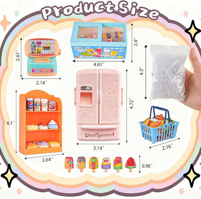 Miniature Food Play Set for Kids - Includes Refrigerator Freezer Ice Cream Drinks & Display Shelves Realistic Toy for Imaginative Play, for Toddlers