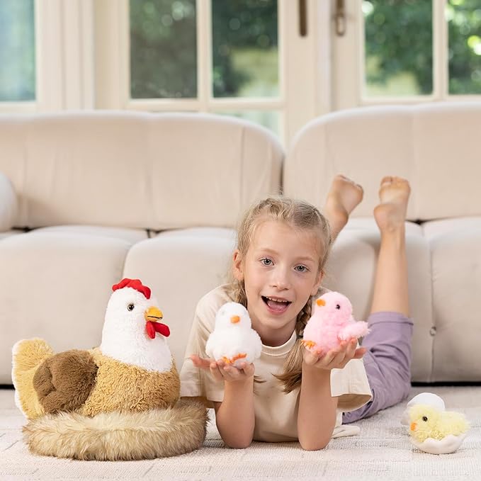 7Pcs Chicken Stuffed Animals, Stuffed Hen Plush with Baby Chicks & Eggs, Nest Hen Coop Plush Toy Set for Kids, Soft Stuffed Farm Animal Plushie for Birthday Christmas Easter Gift, 14"