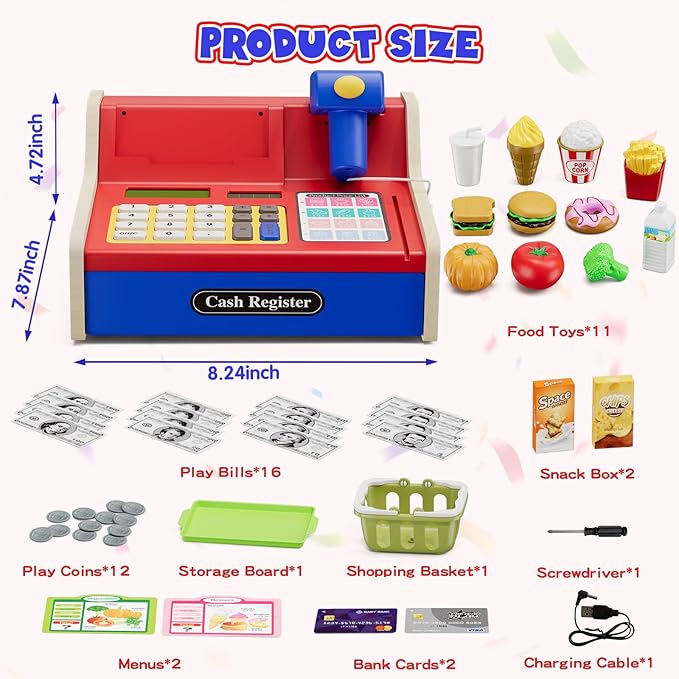 Wee Wonders Wooden Cash Register for Kids with Real Calculator, Rechargeable Cash Register Toy with Scanner/Play Money/Food/Credit Card/Menu, Pretend Play Toys Gifts for Boys Girls Ages 3-8, Blue