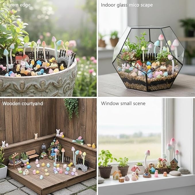 Sthdembo 67-Piece Glittery Mushroom Fairy Garden Kit with Mini House, Bridge, Fences & Resin Animals - Handmade Miniature Figurines & Landscape Ornaments for Terrarium, Desk Plants