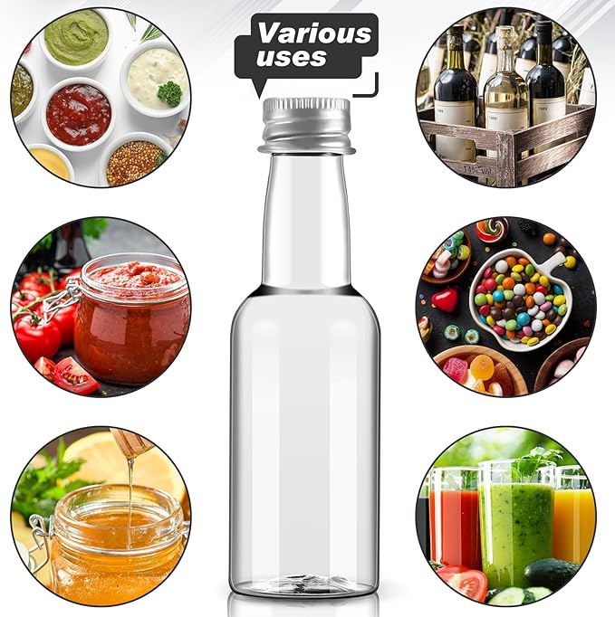 Tessco for you 100 Pcs Mini Liquor Bottles Plastic Mini Salad Dressing Bottle Christmas Small Shooter Alcohol Holders with Cap Wine Hot Sauce(0.8 oz,Silver)