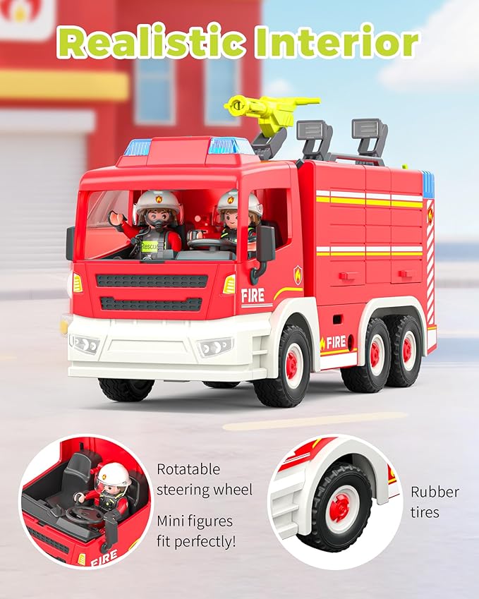 Large Fire Truck Toy with 2 Firefighters & Rescue Tools, Lights & Siren Sounds, Assemble Fire Rescue Truck Vehicle Toy for Boys Girls 3+, Christmas Birthday Gift