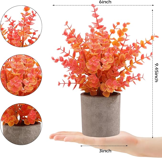 Coferset 2 Pack Fall Small Fake Plants Eucalyptus Potted Artificial Plants Fall Decorations for Home Shelf Office Bathroom Desk Farmhouse Room Coffee Table Decor Fall Decor (Fall Orange)