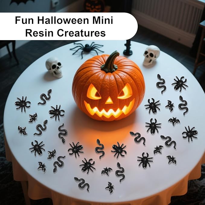 210pcs Halloween Mini Resin Creatures, Miniature Bats Snakes Spiders Nail Charms Tiny Animal Little Small Creatures Bulk for DIY Crafts Fairy Garden Micro Landscaping & Party Decorations (Black)
