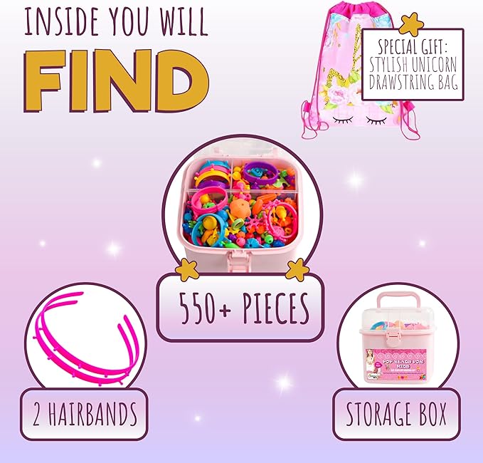 Orian Pop Beads Jewelry Kit for Girls – 550+ Colorful Snap Beads to Create Bracelets, Necklaces & Rings, Fun DIY Set with Unicorn Gift Bag, Ages 3+