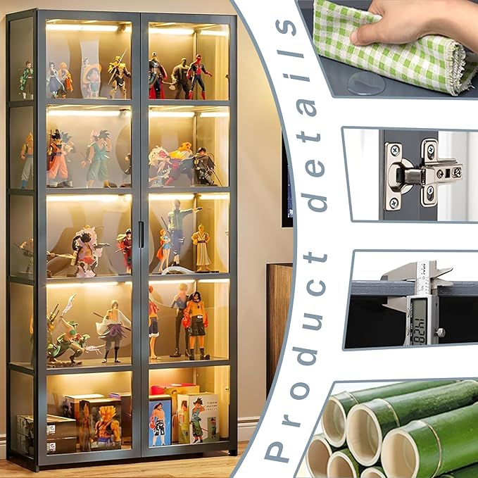 Display Cabinet with Acrylic Doors, 5-Tier Bamboo Curio Display Case for Figures - Display Shelves for Collectibles & Toy Display Cabinet for Home, Office, Playroom, Living Room