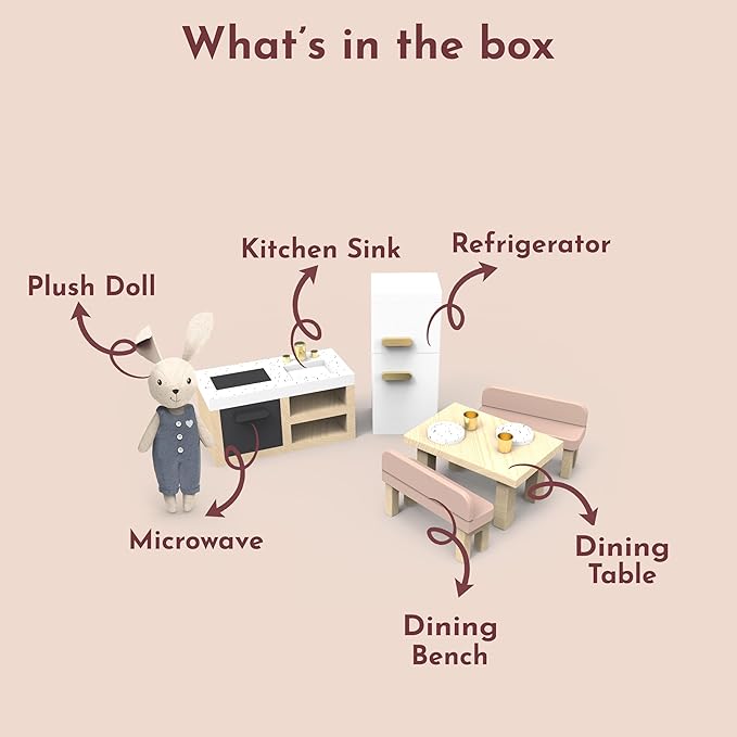 SPEEDY MONKEY Doll House Kitchen Playset with Bunny – Miniature FSC Wooden Kitchen Furniture Set – Dining Table, 4 Chairs, Fridge & Accessories – Pretend Play Doll House Decor Toy for Kids & Girls
