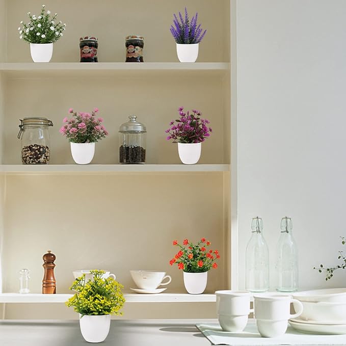 Yoratee Artificial Small Plant 6pcs Fake Flower Potted Plant Bathroom Faux Plant for Indoor Decor Window Tabletop Office Colorful Flower