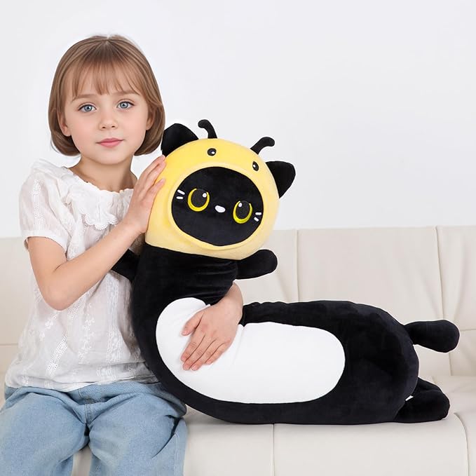 36 inch Bee Black Cat Long Plush Body Pillow Toy, Kitten Plushies with Stuffy Honeybee Oufit Big Stuffed Animals Gfit for Kids Boys Girls, Birthday, Halloween, Christmas