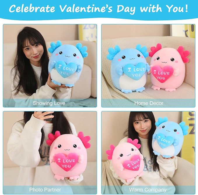 Axolotl Stuffed Animal, Loving Axolotl Plush Toys with Holding Heart I Love You for Valentine's Day, Sweet Romantic Anniversary Birthday Gift for Girlfriend/Boyfriend(Blue,10 inch)