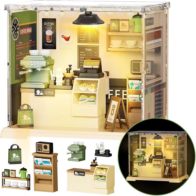 Coffee Shop Tiny House with LED Light Make It Miniature, DIY Miniature House Kit for Adults, Teens, and Beginners, Mini Dollhouse Kit with Home Decor Furniture, Gift for Friends and Hobbies