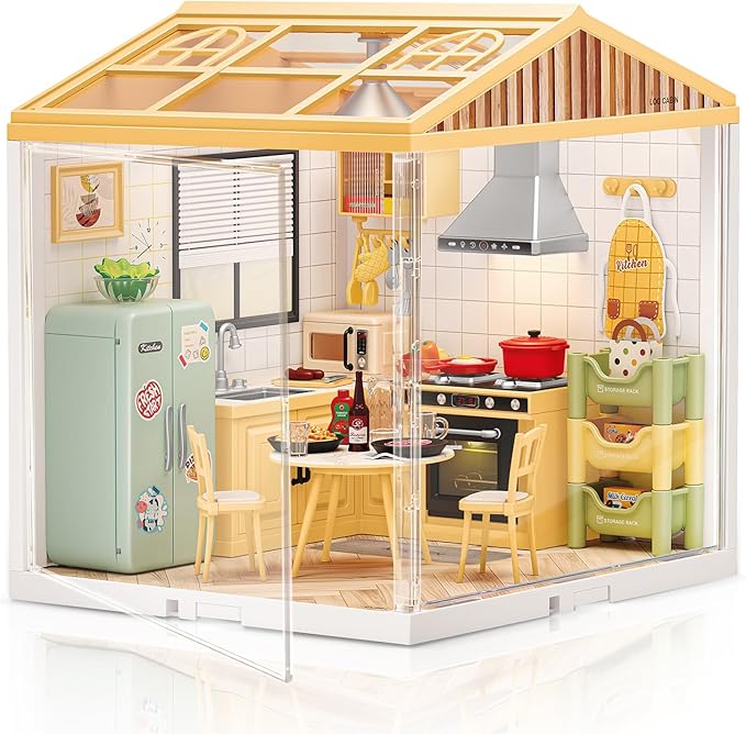 Hallisun LED Building Blocks for Adults, 1:24 DIY Miniature Dollhouse Kits with Roof & Dustproof Cover, Tiny House Toy Building Sets for Kids Ages 8-12-15, Birthday Hobbies Gift for Men Women Boy Girl