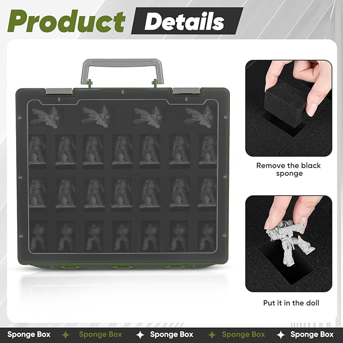 Miniature Storage Carrying Figure Case - 50 Slot Figurine Minature Carrying Case with 2 Foam Layer for Miniatures Compatible with 40k, DND & More (geen1)