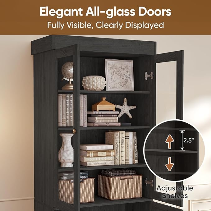 71" Tall Farmhouse Kitchen Pantry, Large Storage Cabinet with Glass Doors, Adjustable Shelves, 3 Drawer, Wood Versatile Hutch Cabinet for Dining Room, Living Room, Black 2 Pcs