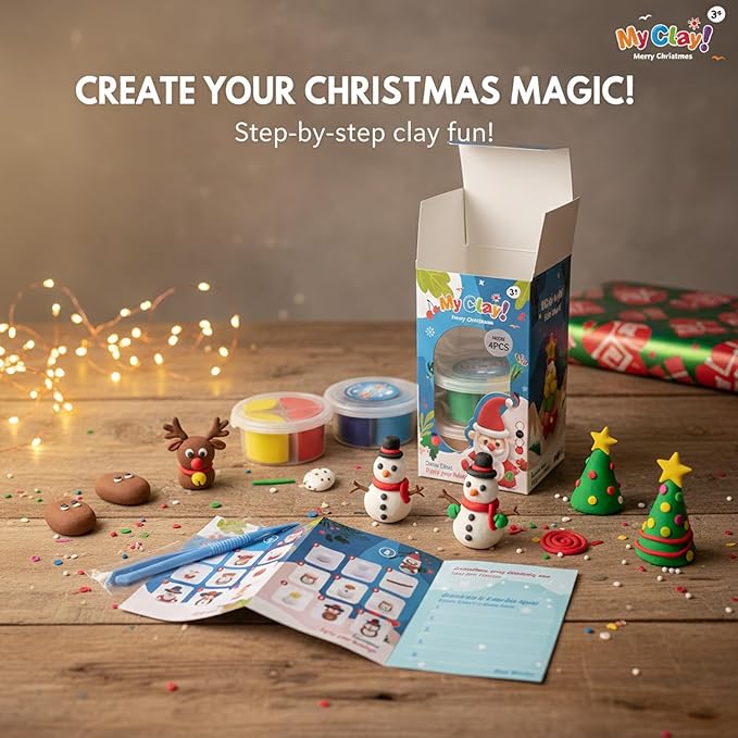 Air Dry Clay for Kids, 4 Christmas Mini Modeling Clay Sets, DIY Snowman Model Magic Clay Kit with Tools & Tutorials, Christmas Stocking Stuffers for Kids, Creatible Art Crafts Toys Gifts Xmas Gift
