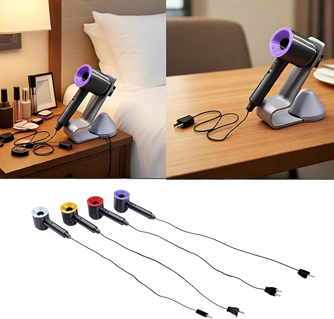 Miniature Hair Dryer Set with Stand & Nozzle – 1:12 Scale Realistic Dollhouse Bathroom, Bedroom Vanity, Miniature Beauty Styling Accessory, Hair Salon Decor, DIY Display & Collector Ornament (Purple)