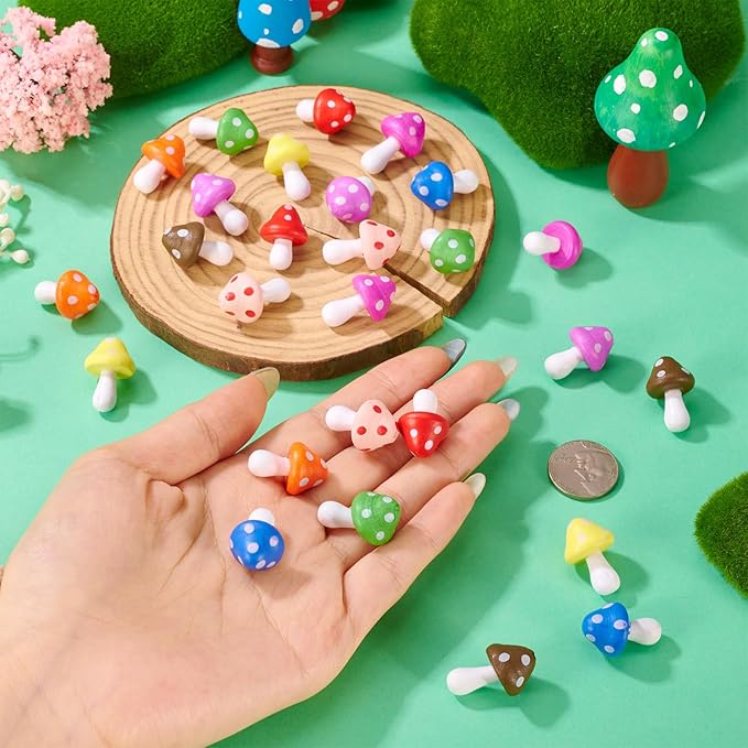 36 Pcs Wooden Mushrooms Figurines Tiny Wood Mushroom Miniature Colorful Mushroom Dollhouse Ornaments for Landscape Fairy Garden Plant DIY Table Office Desk Home Party Decor