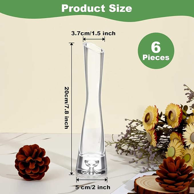 6 Pcs Glass Bud Vases for Centerpieces Maria Modern Clear Small Skinny Decorative Single Flower Bud Vase for Wedding Party Event Home Office Decoration(7.87 Inch,Transparent Color)
