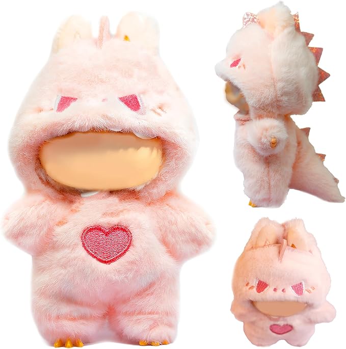 Clothes for LABUBU Doll (NO Doll), Pink Plush Heart Dinosaur Outfits for LABUBU 17cm Dolls, Premium Accessories for LABUBU Unique Dress up