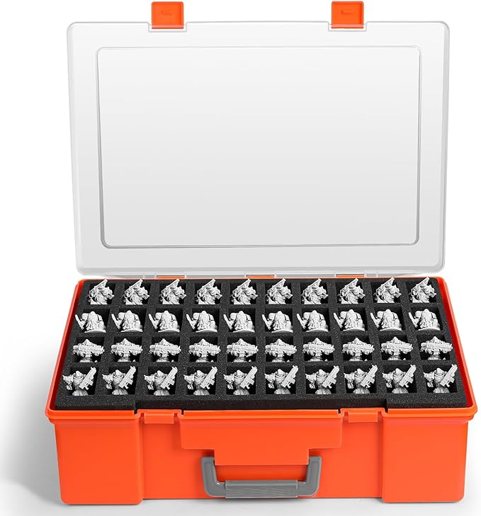Miniature Storage Carrying Figure Case - 120 Slot Figurine Minature Carrying Case with 3 Foam Layer for Miniatures Compatible with 40k, DND & More (Orange)