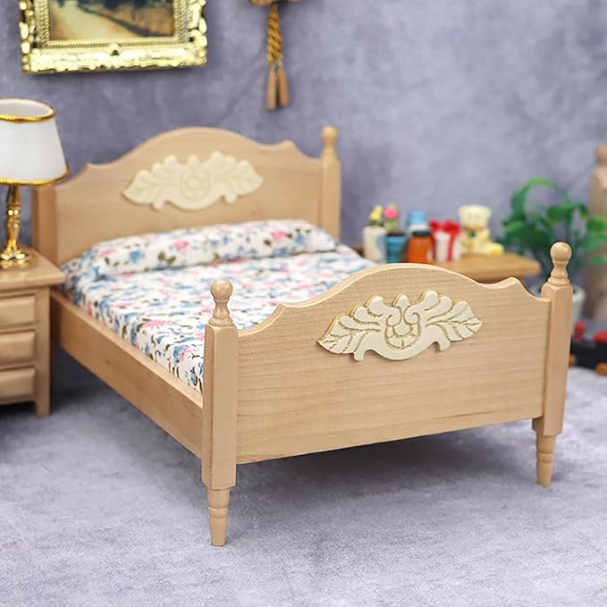 1/12 Dollhouse Bed Miniature Queen Bed Mini Woode Bed for Dollhouse Bedroom Furniture (Wood)