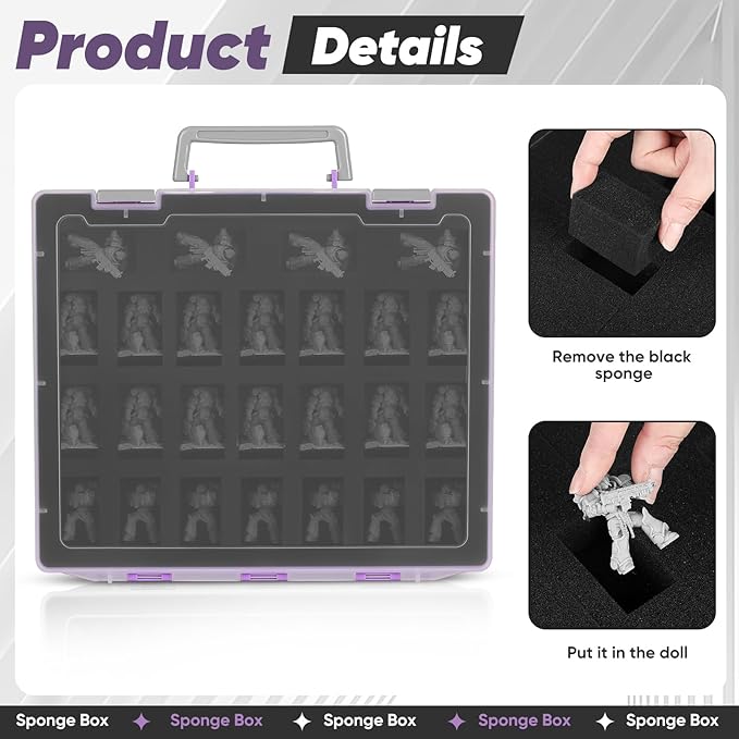Miniature Storage Carrying Figure Case - 50 Slot Figurine Minature Carrying Case with 2 Foam Layer for Miniatures Compatible with 40k, DND & More (Purple)