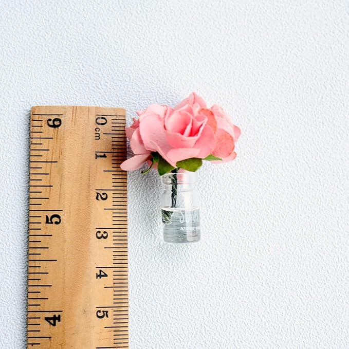Miniature Pink Rose Flower Glass Vases – Handmade Resin Bottles for 1:12 Scale Dollhouse Scenes, Micro Landscape Decorations, Fairy Garden Accessories, Desktop Styling, DIY Craft Projects