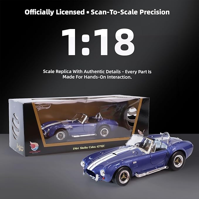 1964 Shelby Cobra 427S/C 1:18 Scale Diecast Model Premium Alloy Sports Collection Cars with Display Case, Working Steering, for Kids Men and Teens Dad 14+ Year