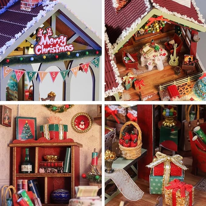 2025 New Christmas Miniature House Kit, DIY Mini Dollhouse Making Kits with Music and Led Light, Tiny House Kit to Build for Adults, Hobby Craft Gift for Christmas Day, Snowy Night