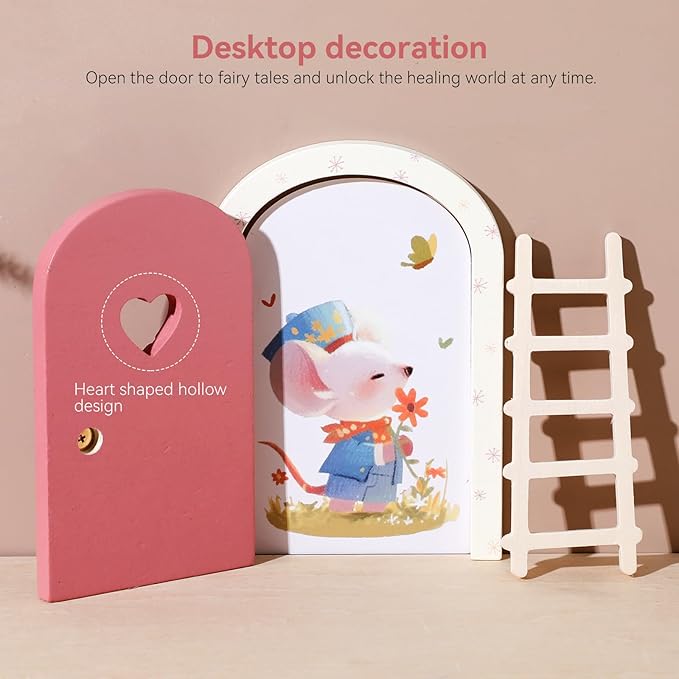 Christmas Mamimami Home Pink Wooden Magical Fairy Doors, 13cm 5.12 inch Elf Mouse Miniature Tiny Door Desk Fairy with Ladder, Tooth Fairy Door Handmade Decorations Gifts