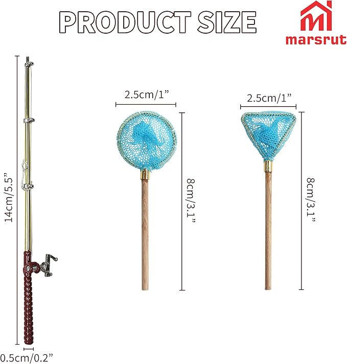 1 Set Miniature Fishing Rods and Fish Net Set for 1:12 Scale Dollhouse Decoration, Mini Fairy Garden Micro Landscape Furniture Accessories, Beach Pond House Decor Crafts with Fishing Pole Gear Models