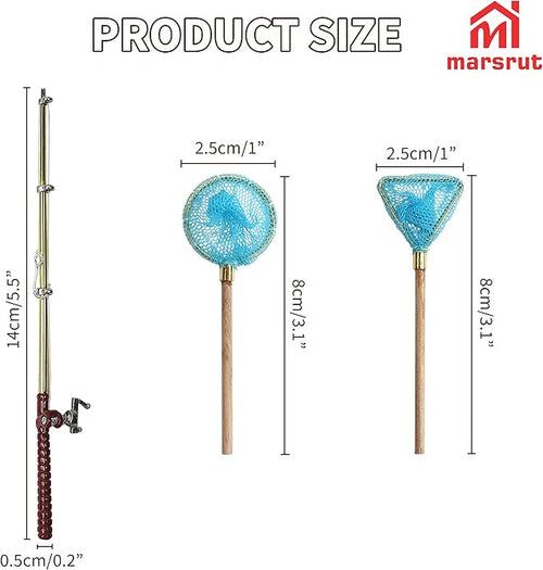 1 Set Miniature Fishing Rods and Fish Net Set for 1:12 Scale Dollhouse Decoration, Mini Fairy Garden Micro Landscape Furniture Accessories, Beach Pond House Decor Crafts with Fishing Pole Gear Models