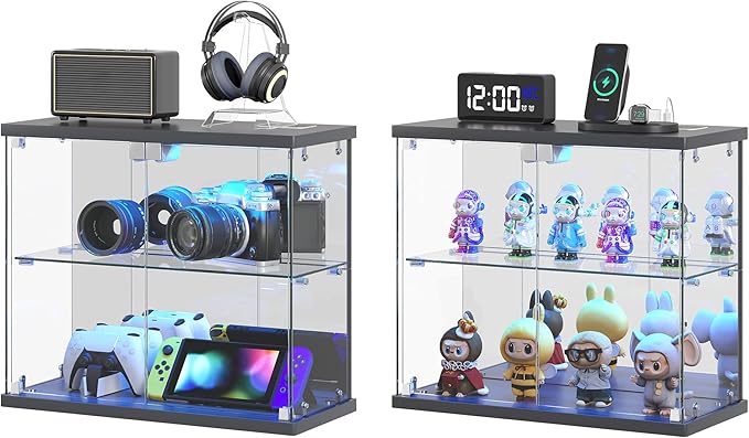 2pcs LED Clear Glass Display Case - for Figures & Collectibles, Small 2-Tier Display Cabinet with Charging Station, Display Box with Lights & Human Sensor, for Model Car, Perfume, Grey