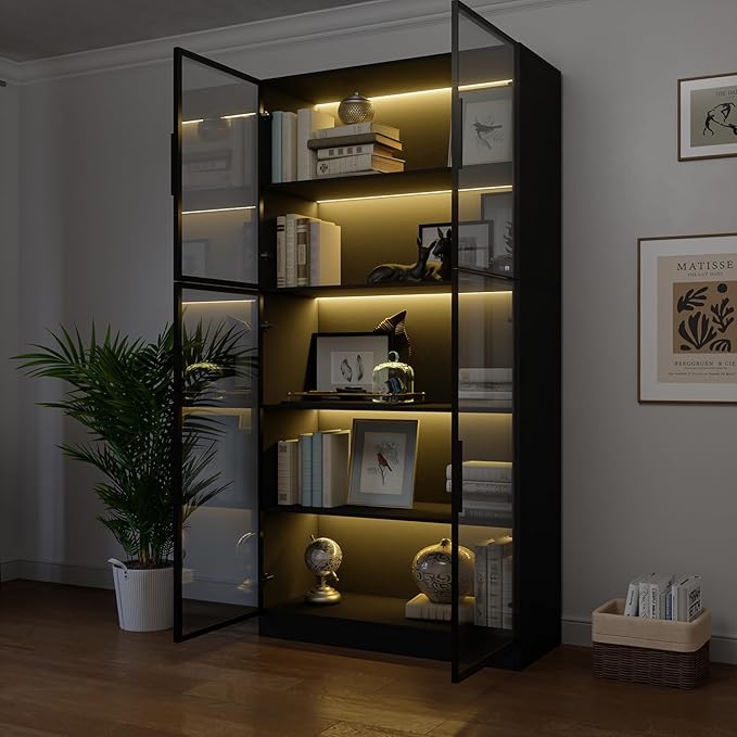 78.7" Display Cabinet with 4 Glass Doors, 5 -Tier Storage Cabinet with LED Lights, Tall Black Bookcase with Storage, Wooden Display Case for Collectible, Living Room, Office(Black)