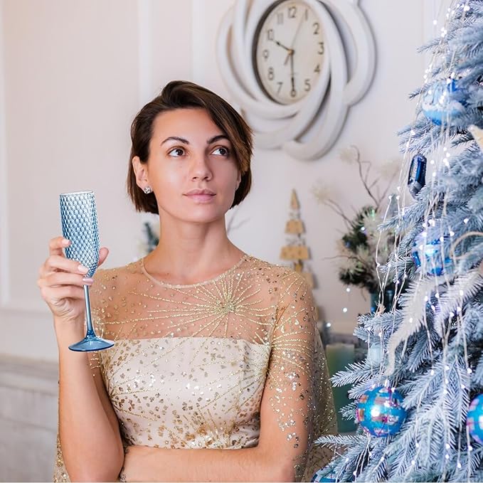 24 Pack Plastic Champagne Flutes Vintage Light Blue Goblet Champagne Glasses Unbreakable Wedding Toasting Glasses Diamond Wine Glasses Crystal Wine Cups Clear Drinking Glasses 5.5 OZ for Bridal Shower