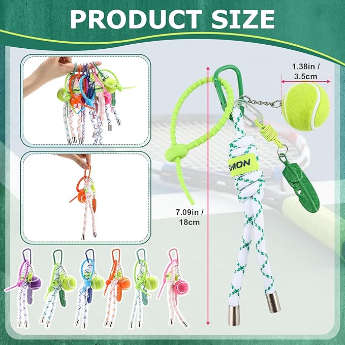 Nosiny 6 Pcs Tennis Ball Keychain Cute Tennis Racket Key Rings with Striped Lanyard 7.1in Sporty Bag Charm Backpack Pendant Gift for Men Women Sports Lover Players Team