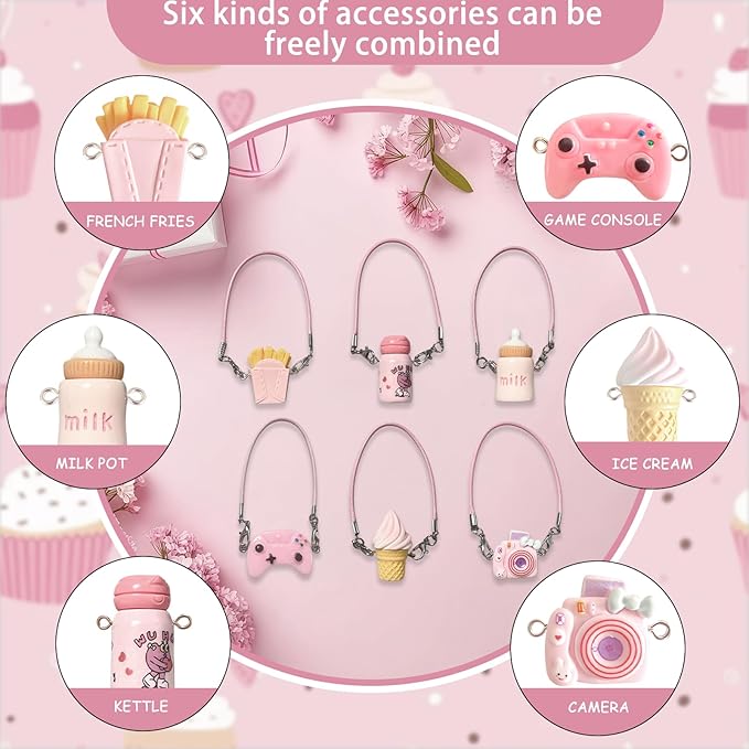 VPDSLABUBU Pink Series Accessories for 3.9-6.7 Inch (10-17cm)Dolls , There are 7 Mini Accessories in Total, Including Models of Kettle, Game Console Handle, Ice Cream, French Fries, Camera, and A Bell