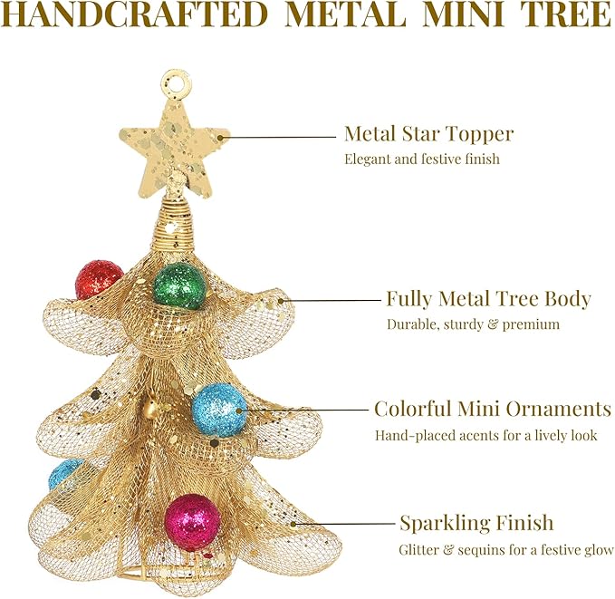 XMIAOX Mini Metal Christmas Tree, 5.9" Handcrafted Wire Mesh Tree Tabletop Hanging Ornament with Star Tree Topper & Colorful Glitter Balls, Sparkling Holiday Decoration for Desk, Shelf & Home Décor