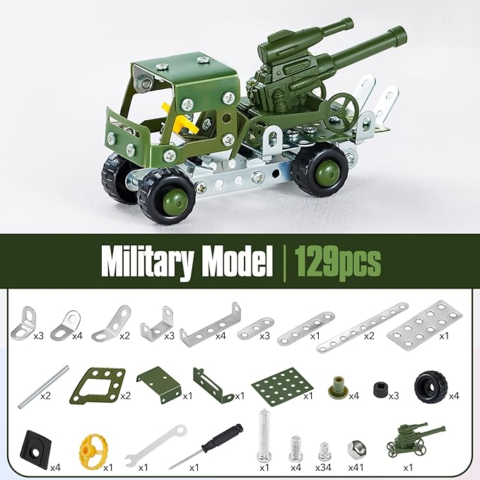 Military Truck STEM Building Toy Set for Boys Age 8-12 - 129pcs Metal Army Toys Model Car Kits Set - 8-10 Stem Projects Vehicles,Engineering STEM Kits or Kids 6-8 for Kids