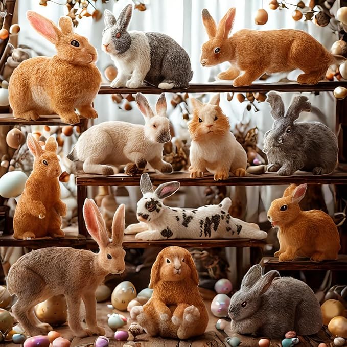 Toymany 12PCS Easter Bunny Figures Toys for Kids, Rabbit Figures Farm Animal Toy for Cake Toppers Party Favors for Toddlers
