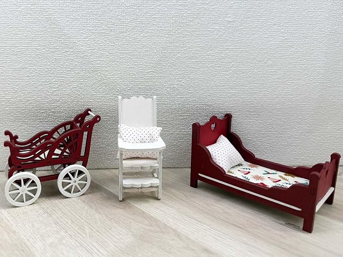 Miniature Dollhouse Furniture Set, Red and White Wooden Nursery Room Accessories with Bed, Chair, Carriage, 1/12 Scale, 5 Piece Holiday Decor (5)